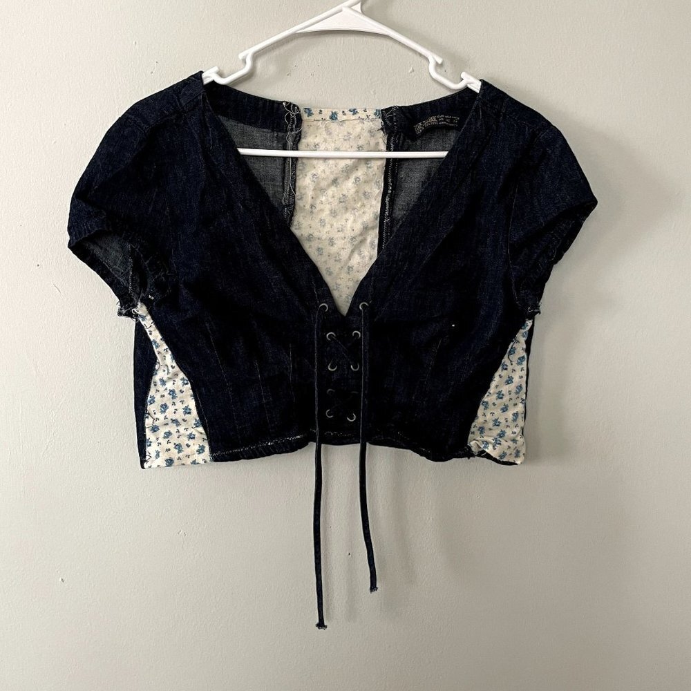 Zara Basic Denim Couture Blue Cotton Fabric Cropped Summer Top Boho Fringe